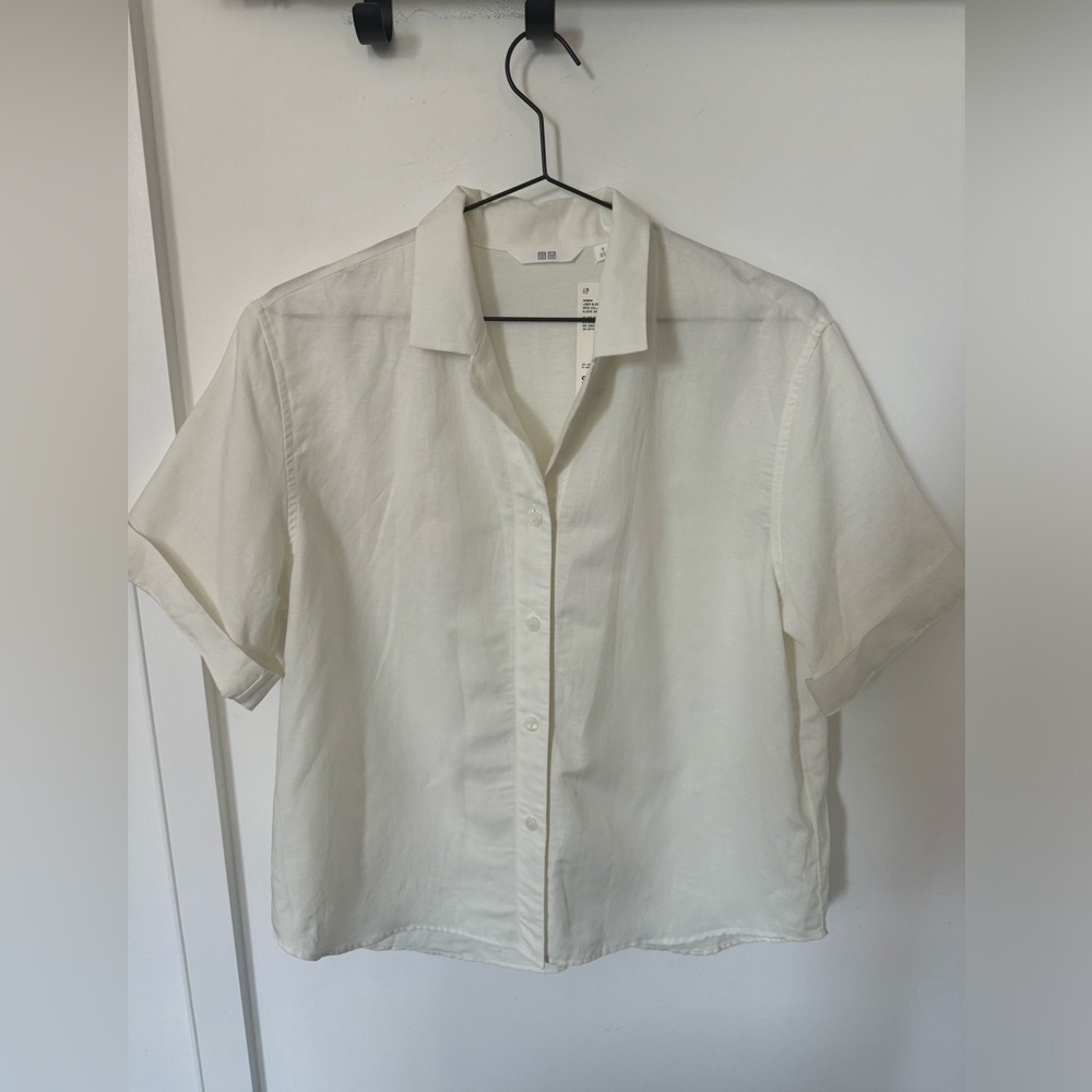 Uniqlo Women's Linen Blend Open Collar Short Sleeve Shirt, Off White, Small, NWT